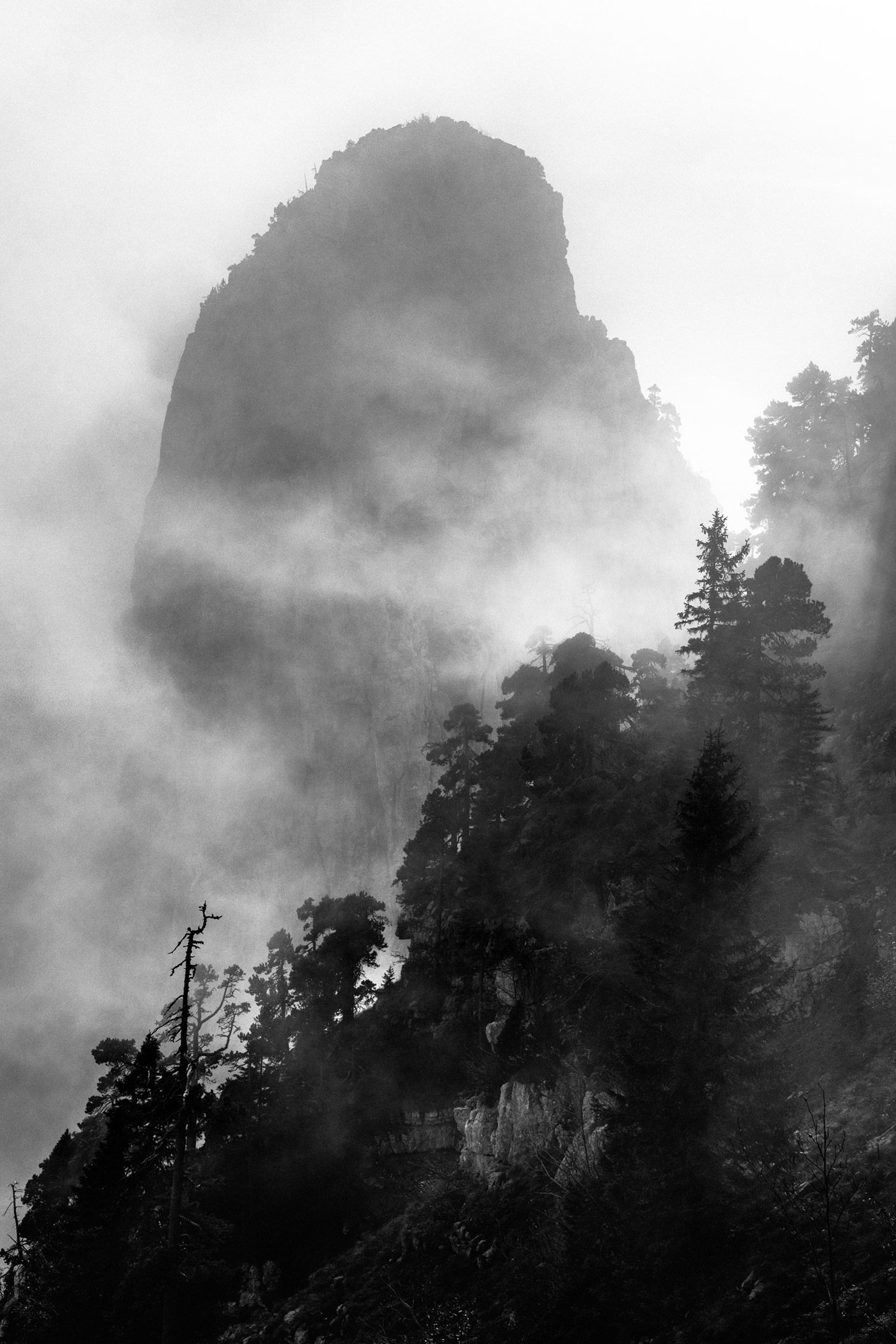 Paysage de montagne en noir et blanc et contrastes clair obscur